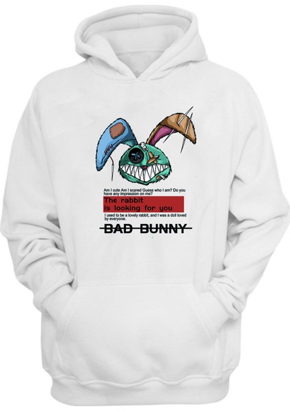 Unisex Bad Bunny Tavşan Baskılı Beyaz Normal Kalıp Şardonlu Kalın Sweatshirt
