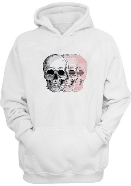 Unisex Üç Kuru Kafa Baskılı Beyaz Normal Kalıp Şardonlu Kalın Sweatshirt