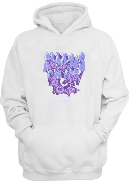 Unisex All Eyes On Me Baskılı Beyaz Normal Kalıp Şardonlu Kalın Sweatshirt