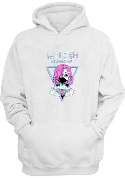 Unisex Anime Karakteri Antı Socıal Baskılı Beyaz Normal Kalıp Şardonlu Kalın Sweatshirt