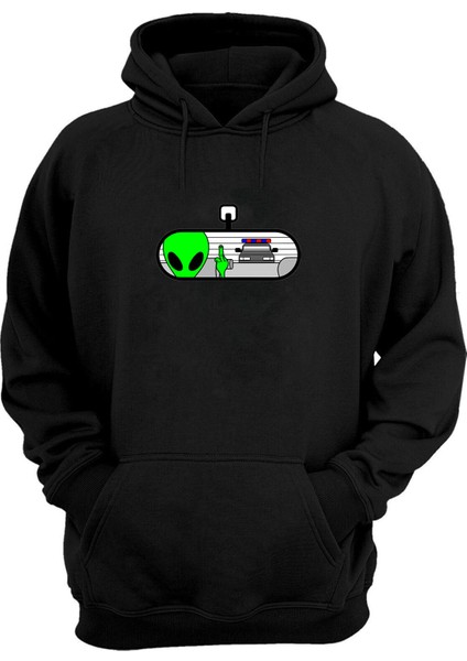 Unisex Dikiz Aynasından Bakan Uzaylı Baskılı Siyah Normal Kalıp Şardonlu Kalın Sweatshirt