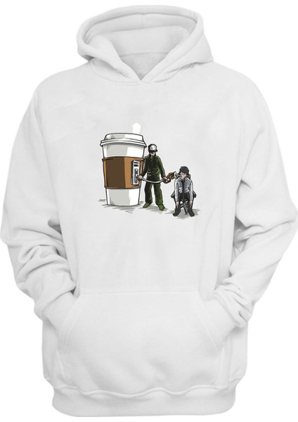 Unisex Coffee Refill Baskılı Beyaz Normal Kalıp Şardonlu Kalın Sweatshirt