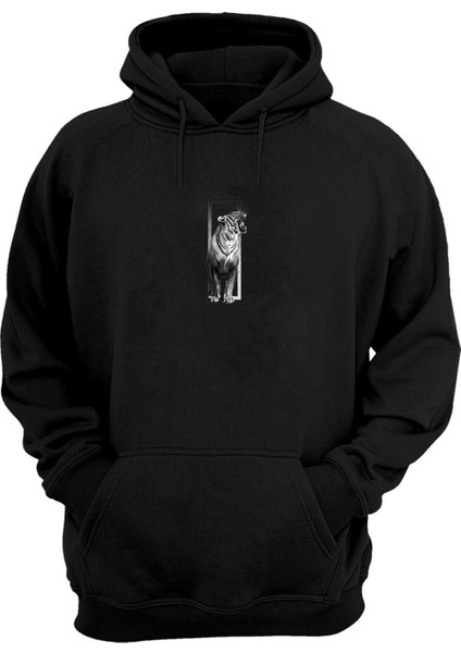 Unisex Roaring Tiger Baskılı Siyah Normal Kalıp Şardonlu Kalın Sweatshirt