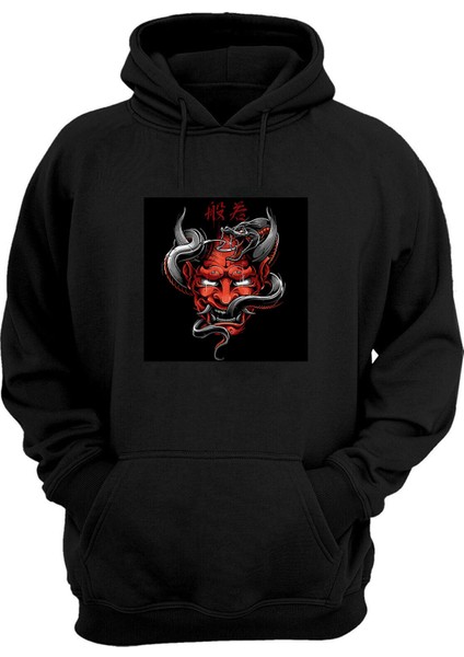 Unisex Şeytan ve Yılan Baskılı Siyah Normal Kalıp Şardonlu Kalın Sweatshirt