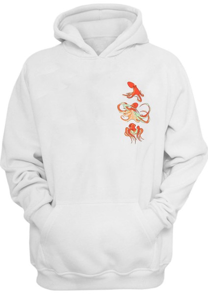 Unisex 3 Ahtapot Baskılı Beyaz Normal Kalıp Şardonlu Kalın Sweatshirt