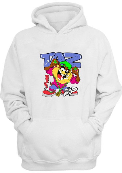 Unisex Tazmanya Canavarı Baskılı Beyaz Normal Kalıp Şardonlu Kalın Sweatshirt