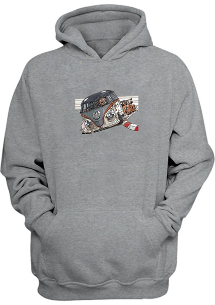 Unisex Araba Yarışı Vosvos Baskılı Gri Normal Kalıp Şardonlu Kalın Sweatshirt