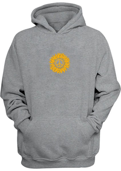 Unisex Barış Işareti ve Papatya Baskılı Gri Normal Kalıp Şardonlu Kalın Sweatshirt