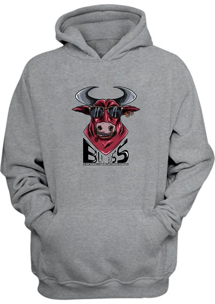 Unisex Bull Boss, A Bull Smoking Baskılı Gri Normal Kalıp Şardonlu Kalın Sweatshirt