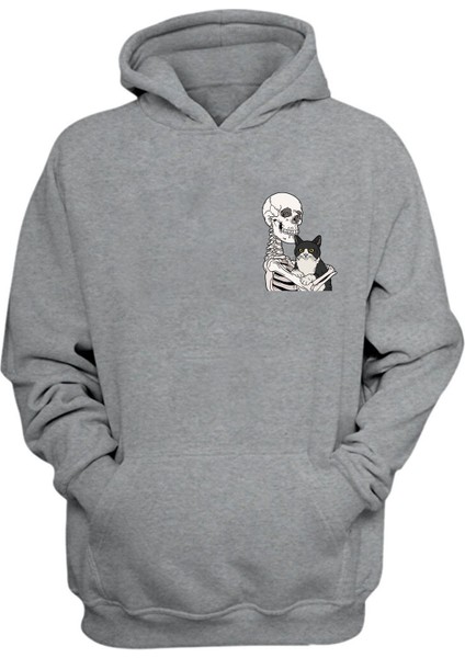 Unisex Cat Loving Skeleton Baskılı Gri Normal Kalıp Şardonlu Kalın Sweatshirt
