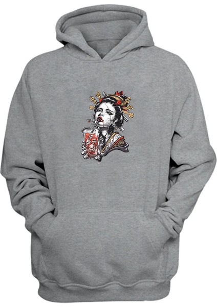 Unisex Japanese Geisha Girl Skull Drink Baskılı Gri Normal Kalıp Şardonlu Kalın Sweatshirt