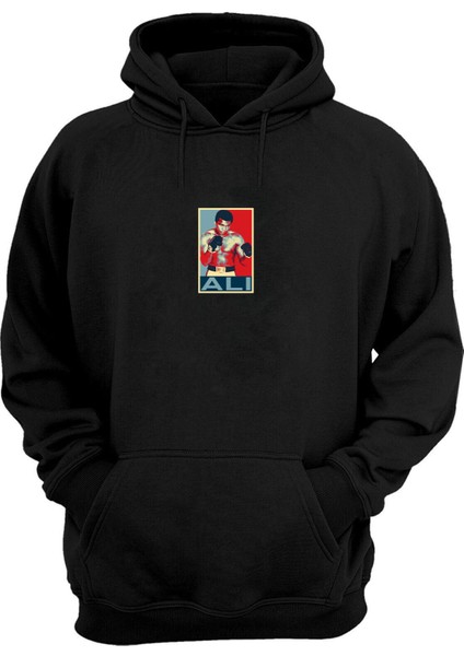 Unisex Kırmızı ve Mavi Muhammed Ali Baskılı Siyah Normal Kalıp Şardonlu Kalın Sweatshirt