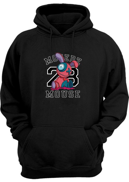 Unisex Mause 8 Tavşan Baskılı Siyah Normal Kalıp Şardonlu Kalın Sweatshirt