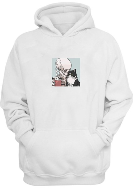 Unisex Kahve ve Kedi Skull Baskılı Beyaz Normal Kalıp Şardonlu Kalın Sweatshirt