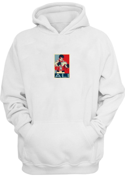 Unisex Kırmızı ve Mavi Muhammed Ali Baskılı Beyaz Normal Kalıp Şardonlu Kalın Sweatshirt