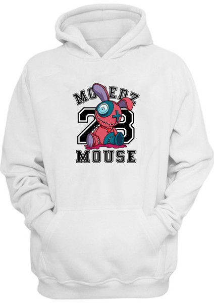 Unisex Mause 8 Tavşan Baskılı Beyaz Normal Kalıp Şardonlu Kalın Sweatshirt