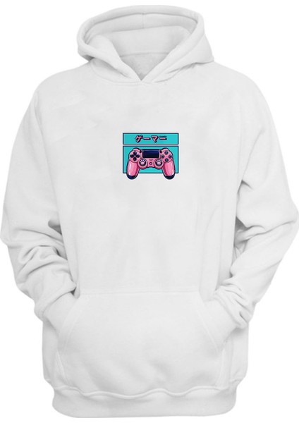 Unisex Pembe Oyun Konsolu Baskılı Beyaz Normal Kalıp Şardonlu Kalın Sweatshirt