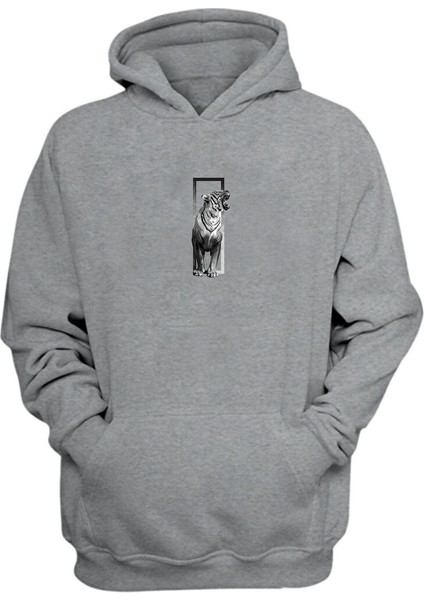 Unisex Roaring Tiger Baskılı Gri Normal Kalıp Şardonlu Kalın Sweatshirt