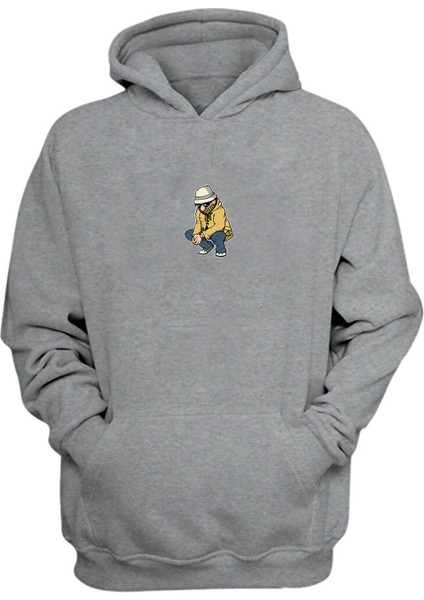 Unisex Hooligan Sitting Baskılı Gri Normal Kalıp Şardonlu Kalın Sweatshirt