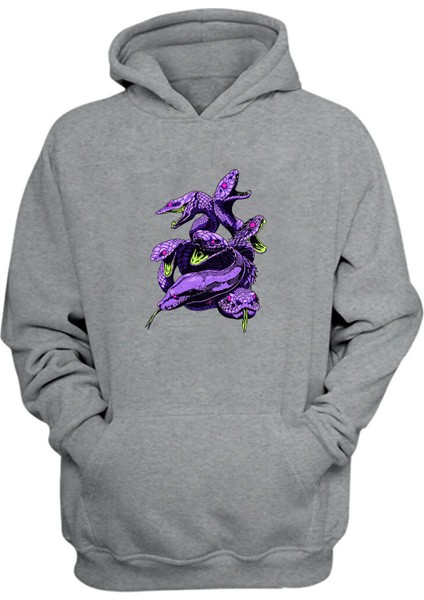 Unisex Mor Altı Başlı Yılan Baskılı Gri Normal Kalıp Şardonlu Kalın Sweatshirt