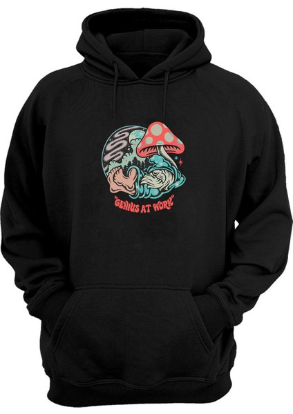 Unisex Genius At Work Baskılı Siyah Normal Kalıp Şardonlu Kalın Sweatshirt