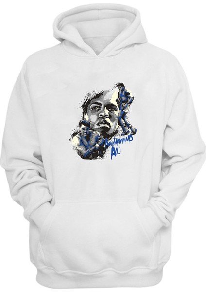 Unisex Muhammed Ali Yüzü Baskılı Beyaz Normal Kalıp Şardonlu Kalın Sweatshirt