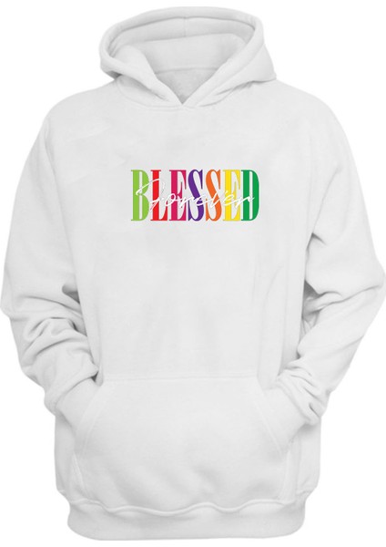 Unisex Blessed Forever Baskılı Beyaz Normal Kalıp Şardonlu Kalın Sweatshirt