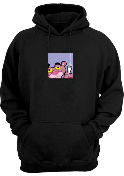 Unisex Pembe Panter Baskılı Siyah Normal Kalıp Şardonlu Kalın Sweatshirt