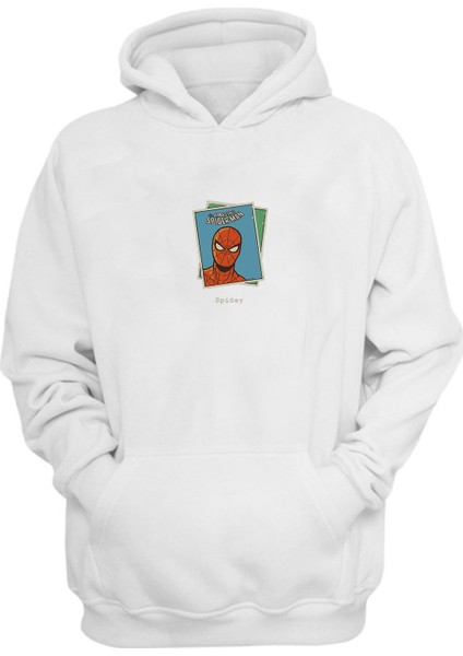 Unisex Spidey Kartlar Baskılı Beyaz Normal Kalıp Şardonlu Kalın Sweatshirt