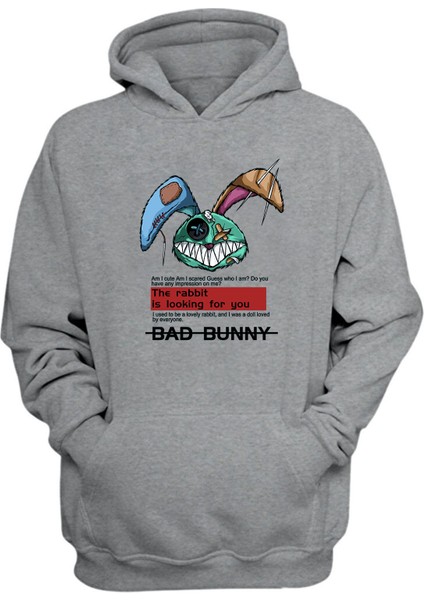 Unisex Bad Bunny Tavşan Baskılı Gri Normal Kalıp Şardonlu Kalın Sweatshirt