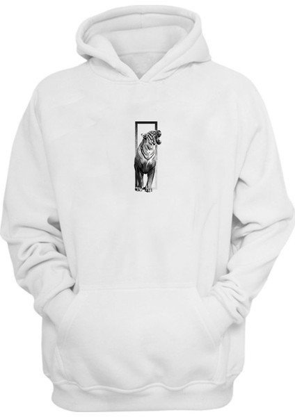 Unisex Roaring Tiger Baskılı Beyaz Normal Kalıp Şardonlu Kalın Sweatshirt