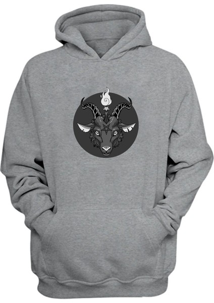 Unisex Devil Goat Baskılı Gri Normal Kalıp Şardonlu Kalın Sweatshirt