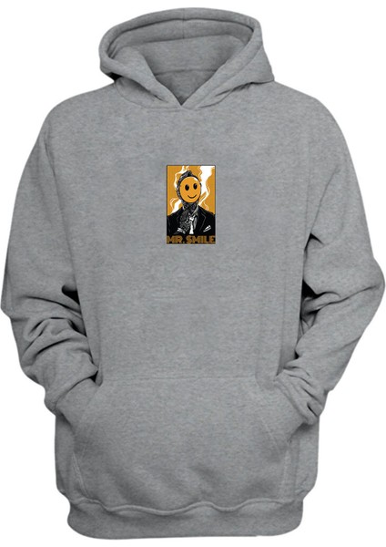 Unisex Mr.smile Baskılı Gri Normal Kalıp Şardonlu Kalın Sweatshirt