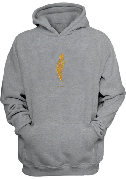 Unisex Golden Goose Feather Baskılı Gri Normal Kalıp Şardonlu Kalın Sweatshirt