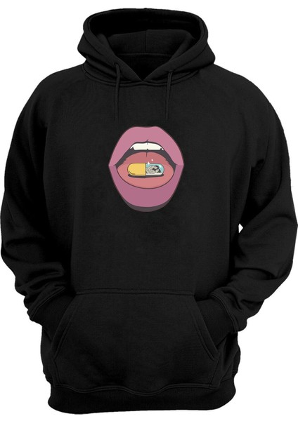 Unisex Agız ve Hap Baskılı Siyah Normal Kalıp Şardonlu Kalın Sweatshirt