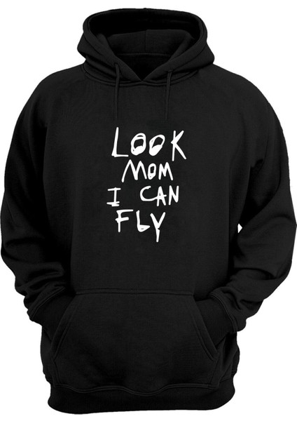Unisex Look Mom I Can Fly Baskılı Siyah Normal Kalıp Şardonlu Kalın Sweatshirt