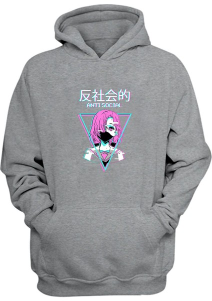 Unisex Anime Karakteri Antı Socıal Baskılı Gri Normal Kalıp Şardonlu Kalın Sweatshirt
