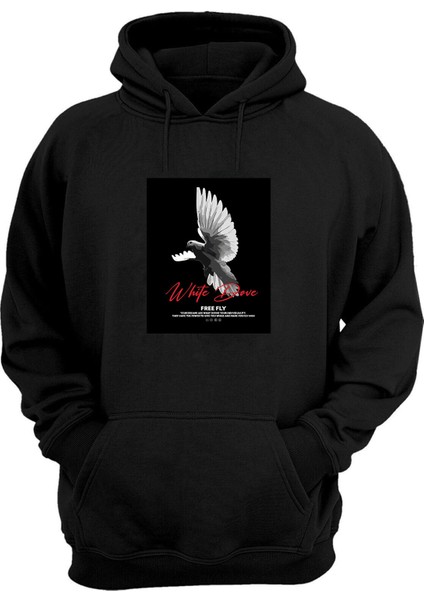 Unisex White Dove, Free Fly Baskılı Siyah Normal Kalıp Şardonlu Kalın Sweatshirt