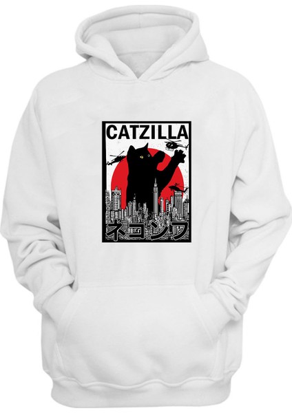 Unisex Catzilla Baskılı Beyaz Normal Kalıp Şardonlu Kalın Sweatshirt