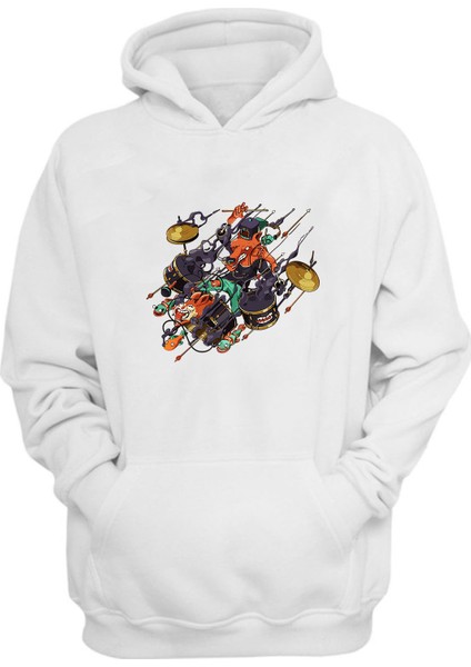 Unisex Davul Çalan Hayvanlar Baskılı Beyaz Normal Kalıp Şardonlu Kalın Sweatshirt