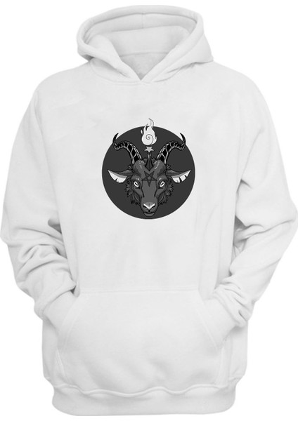 Unisex Devil Goat Baskılı Beyaz Normal Kalıp Şardonlu Kalın Sweatshirt