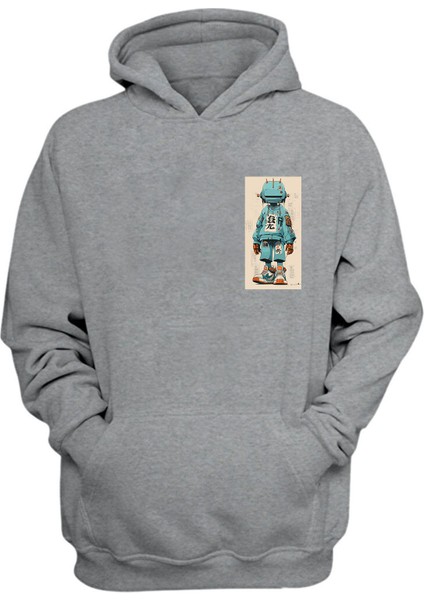 Unisex 900 Drawing Robot Baskılı Gri Normal Kalıp Şardonlu Kalın Sweatshirt