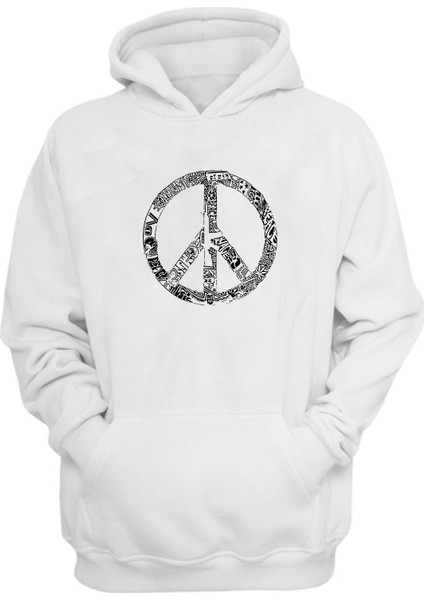 Unisex Peaceful Symbol Baskılı Beyaz Normal Kalıp Şardonlu Kalın Sweatshirt