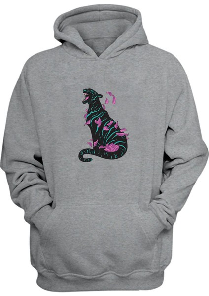 Unisex Black Panter Pembe Yapraklar Baskılı Gri Normal Kalıp Şardonlu Kalın Sweatshirt