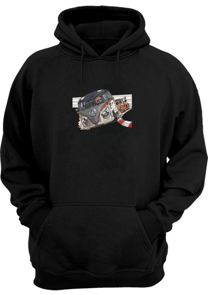 Unisex Araba Yarışı Vosvos Baskılı Siyah Normal Kalıp Şardonlu Kalın Sweatshirt
