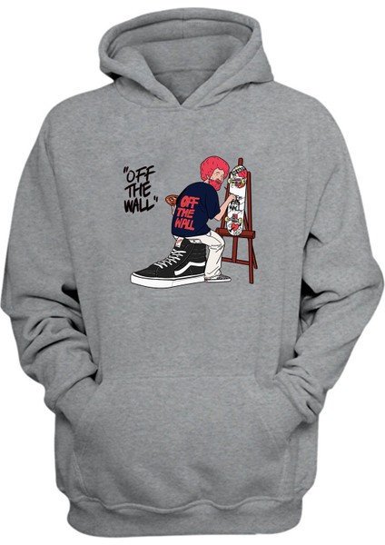 Unisex Off The Wall Baskılı Gri Normal Kalıp Şardonlu Kalın Sweatshirt