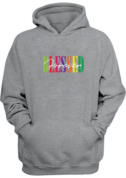 Unisex Blessed Forever Baskılı Gri Normal Kalıp Şardonlu Kalın Sweatshirt