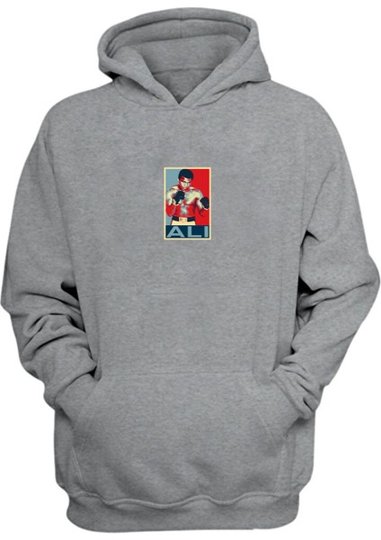 Unisex Kırmızı ve Mavi Muhammed Ali Baskılı Gri Normal Kalıp Şardonlu Kalın Sweatshirt