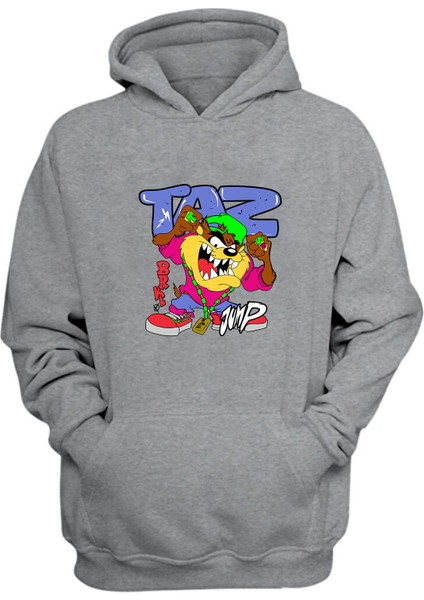 Unisex Tazmanya Canavarı Baskılı Gri Normal Kalıp Şardonlu Kalın Sweatshirt