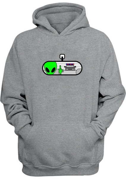 Unisex Dikiz Aynasından Bakan Uzaylı Baskılı Gri Normal Kalıp Şardonlu Kalın Sweatshirt